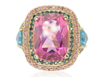 Topaz Ring - 8ct Cushion cut Pink Topaz Ring with Pink Sapphire and Blue Diamond Double Halo and Twisted Shank-Duchess Collection - LS4565