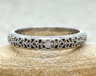 Diamond Wedding Band with Vintage Milgrain Filigree Hearts 3mm, Lifetime Care Plan Included, Genuine Organic or Lab Grown Diamonds - LS5326