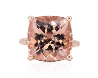 Morganite Engagement Ring - 13mm Square Cushion cut Morganite and Diamond Ring with Heart Filigree and Shank in 14k Rose Gold - LS4713