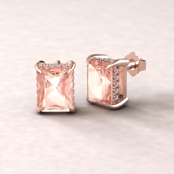 Radiant Solitaire Morganite Earrings With Diamond Halo and Fang Prongs, Lifetime Care Plan Included, Genuine Gems and Diamonds LS5748