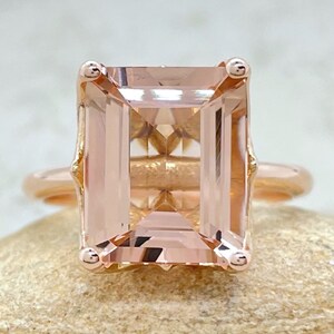 5 Carat Morganite Ring, Emerald Cut, with Handmade Golden Lily Petals, Lifetime Care Plan Included, Genuine Gems and Diamonds LS6099 image 6