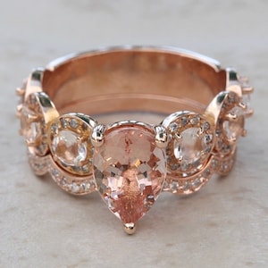 Pear Morganite Halo Bridal Set with Contoured Diamond Wedding Band, Lifetime Care Plan Included, Genuine Gems and Diamonds LS6746