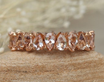 Morganite Wedding Band - Lifetime Care Plan Included - Full Eternity with Genuine 5x3mm Pear Cut Morganites - by Laurie Sarah - LS5939