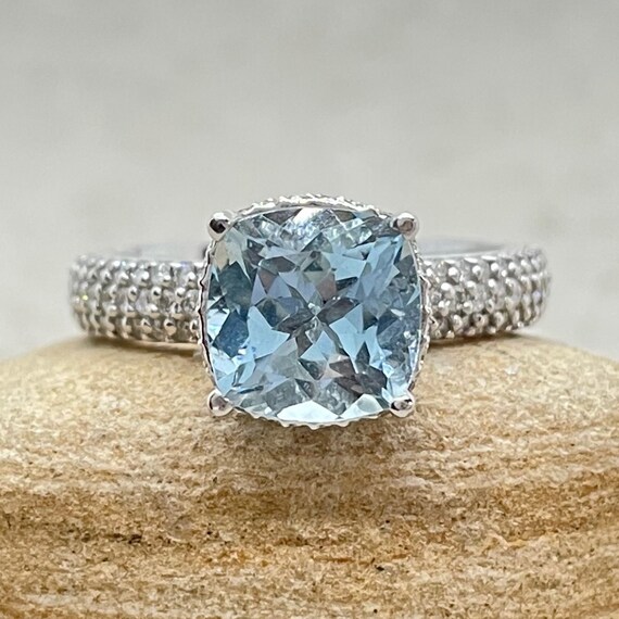 Sterling Silver Genuine Aquamarine Square Cushion Filigree Ring Sterling Silver Genuine Aquamarine Square Cushion Filigree Ring