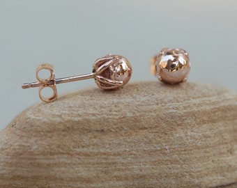 Ball Stud Earrings, Golden Balls with Flower Petal Prongs, Push Back, Lifetime Care Plan Included, Genuine Gems and Diamonds LS7109