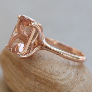 5 Carat Morganite Ring, Emerald Cut, with Handmade Golden Lily Petals, Lifetime Care Plan Included, Genuine Gems and Diamonds LS6099 image 2