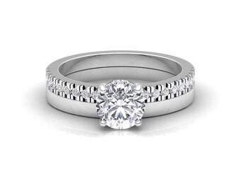 Lab Grown Diamond Ring Bridal Set with Comfort Fit Plain Wedding Band, Lifetime Care Plan Included, Genuine Gems and Diamonds LS6935