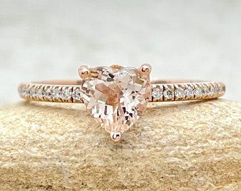 Dainty Heart Morganite Ring, Thin Round Solitaire Half Way Diamonds, Lifetime Care Plan Included, Genuine Gems and Diamonds LS5467