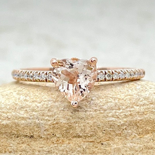 Dainty Heart Morganite Ring, Thin Round Solitaire Half Way Diamonds, Lifetime Care Plan Included, Genuine Gems and Diamonds LS5467