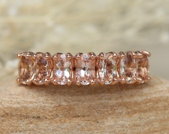 Oval Morganite Wedding Band with Seven Genuine Gems in Petal Prongs, Lifetime Care Plan Included, Genuine Gems and Diamonds LS5942