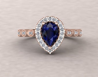 Pear Blue Sapphire Ring, Single Halo, Vintage Cathedral Marquise Shank, Lifetime Care Plan Included, Genuine Gems and Diamonds LS5656