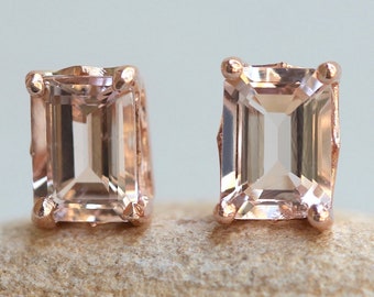 Emerald Cut Morganite Studs, Solitaire Filigree Jewelry, Pushbacks, Lifetime Care Plan Included, Genuine Gems and Diamonds LS5461