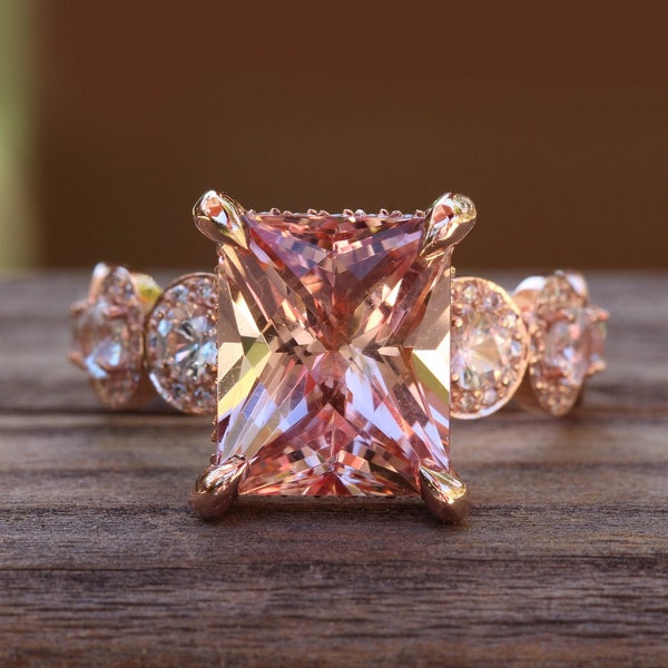 Radiant Cut Morganite with Hidden Diamond Halo, Round Morganite Halos, Lifetime Care Plan Included, Genuine Gems and Diamonds LS7036