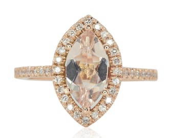 Marquise Morganite Halo Ring Half Eternity Diamond Cathedral Shank, Lifetime Care Plan Included, Genuine Gems and Diamonds LS4560