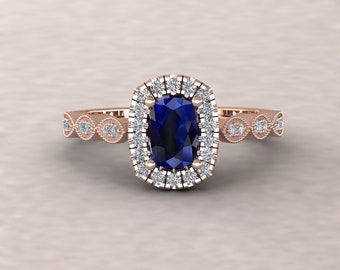 Blue Sapphire Ring with Single Halo, Vintage Cathedral Marquise Shank, Lifetime Care Plan Included, Genuine Gems and Diamonds LS5658