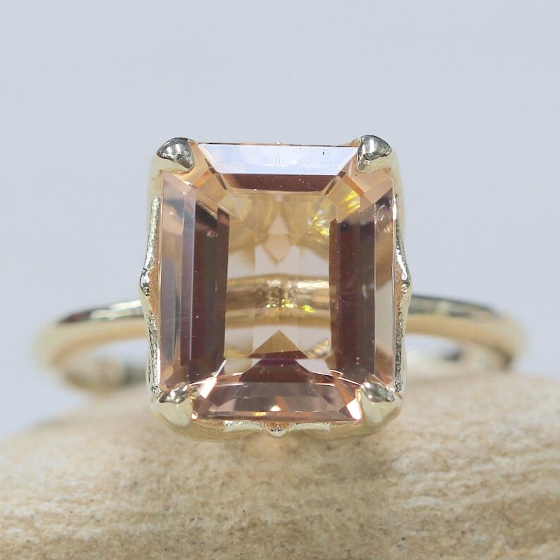 5 Carat Morganite Ring, Emerald Cut, with Handmade Golden Lily Petals, Lifetime Care Plan Included, Genuine Gems and Diamonds LS6099 image 9