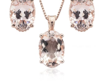 Oval Morganite and Diamond Side Halo Pendant with Matching Oval Morganite Earrings, Lifetime Care Plan Included, LS4665