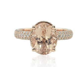 Oval Morganite Ring, Triple Shank, Hidden Halo, Filigree Heart Basket, Lifetime Care Plan Included, Genuine Gems and Diamonds LS4550