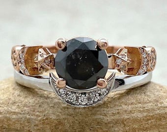 Midnight Black Diamond Ring, Moon, Stars, Crescent Moon Wedding Band, Lifetime Care Plan Included, Genuine Diamonds LS6755