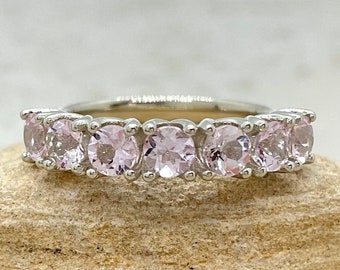 Round Pink Morganite Band Seven Stone Wedding Ring with Petal Prongs, Lifetime Care Plan Included, Genuine Gems and Diamonds LS6727