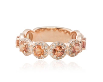 Peach Sapphire Halo Ring Lab or Organic Diamond Halos Right Hand Band, Lifetime Care Plan Included, Genuine Gems and Diamonds LS4306