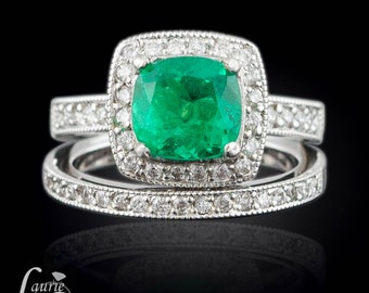 Cushion Emerald Engagement Ring and Band, Top and Side Diamond Halos, Lifetime Care Plan Included, Genuine Gems and Diamonds LS1117