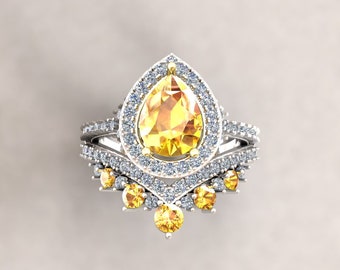 Yellow Sapphire Bridal Set with Diamond Halo and Split Cathedral Shank, Lifetime Care Plan Included, Genuine Gems and Diamonds LS6207