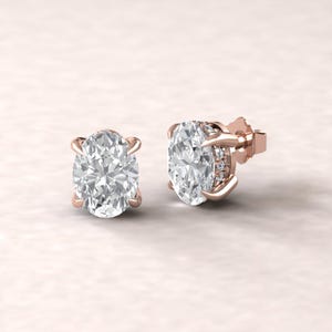 Oval Solitaire Lab Diamond Earrings, Diamond Hidden Halo, Fang Prongs, Lifetime Care Plan Included; Genuine Diamonds LS5618
