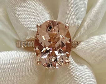 Solitaire Oval Morganite Engagement Ring with Diamond Cathedral Shank, Lifetime Care Plan Included, Genuine Gems and Diamonds LS6154