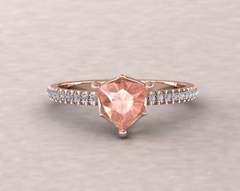 Tiny Trillion Morganite Ring, Thin Round Solitaire Half Way Diamonds, Lifetime Care Plan Included, Genuine Gems and Diamonds LS5458