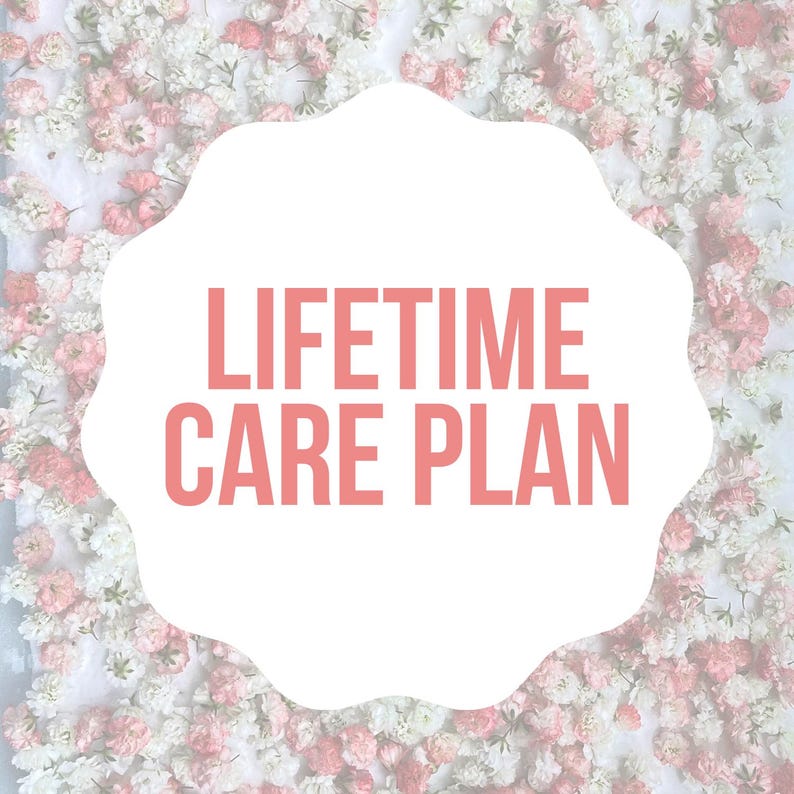 May include: A white cloud-shaped graphic with the text "LIFETIME CARE PLAN" in red letters against a background of pink and white flowers.