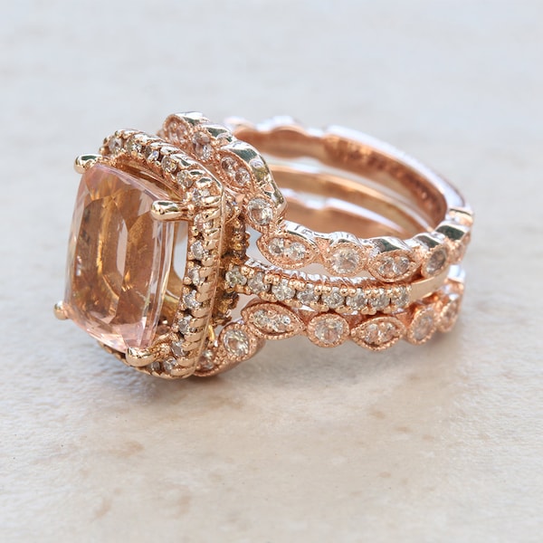 Genuine Morganite and Diamond Bridal Set with 10x8mm Rectangular Cushion Morganite and Genuine Diamonds - LS4580 and LS5988