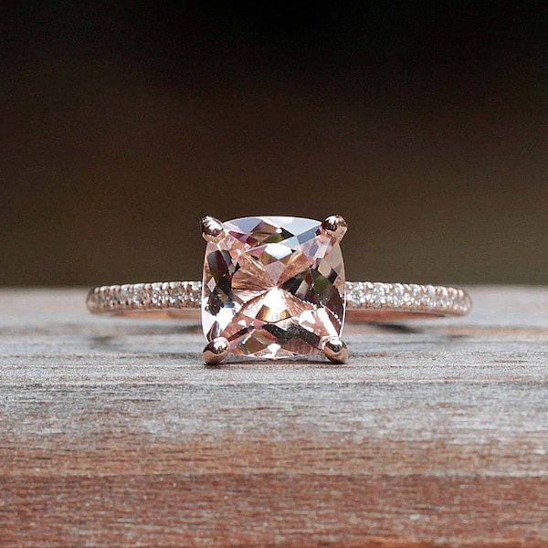 Morganite Engagement Ring - 6mm Square Cushion cut Morganite Solitaire "Lola" Ring with Genuine Diamonds - by Laurie Sarah - LS5157