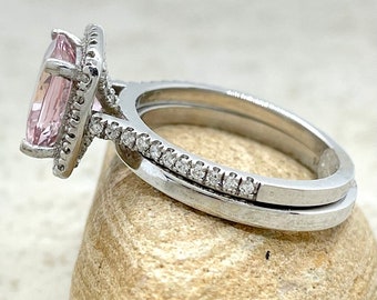 Pink Morganite Halo Ring Square Cushion Cut with Matching Plain Band,  Lifetime Care Plan Included, Genuine Gems and Diamonds LS6778