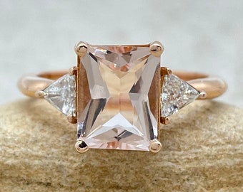 Dainty Radiant Morganite Engagement Ring with Trillion Diamonds - Lifetime Care Plan - LS6215