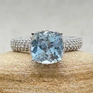 Cushion Cut Aquamarine Engagement Ring with Diamonds and Filigree, Lifetime Care Plan Included, Genuine Gems and Diamonds LS6445