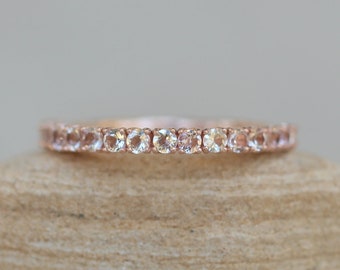 Round Morganite Wedding Ring Half Eternity stacking Band, Lifetime Care Plan Included, Genuine Gems and Diamonds LS6224