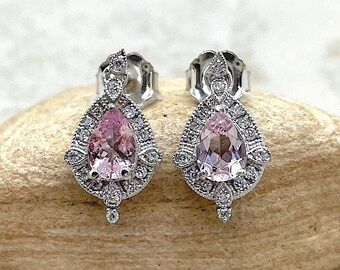 Pure Pink Morganite Earrings in 14k White Gold - 6x4mm Pear Cut with Diamond Halo LS6511