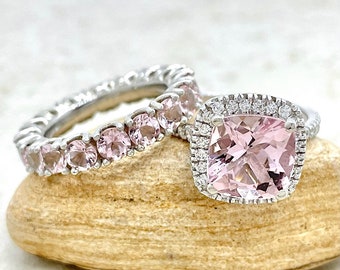 Square Cushion Morganite Engagement Set - Lifetime Care Plan Included - includes genuine pink morganite eternity wedding ring - LS6768