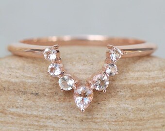 Morganite Crown Wedding Band with Round, Pear Peachy Pink Morganites, Lifetime Care Plan Included, Genuine Gems LS6125