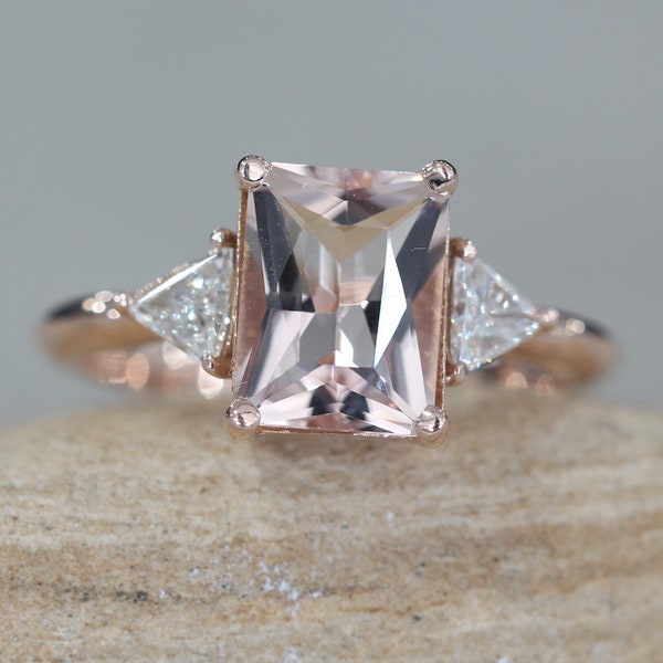 Dainty Radiant Morganite Engagement Ring with Trillion Diamonds LS6215