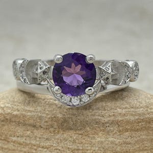Amethyst Moon Bridal Set with Diamond Crescent Moon Wedding Band, Lifetime Care Plan Included, Genuine Gems and Diamonds LS6751