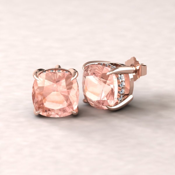 Square Cushion Morganite Earrings With Diamond Halo and Fang Prongs, Lifetime Care Plan Included, Genuine Gems and Diamonds LS5751