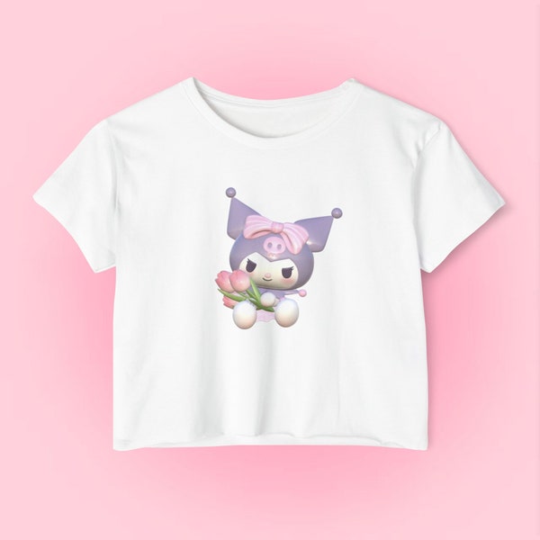 Kuromi Cropped top shirt, Sanrio Crop top shirt, cute, y2k, coquette clothing, Sanrio characters, gift for her, Kuromi, aesthetic clothing.