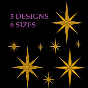 May include: Gold star embroidery designs on a black background. The image features various sizes and styles of stars, with the text "3 DESIGNS 6 SIZES" in purple. The stars have detailed stitching, creating a textured appearance.