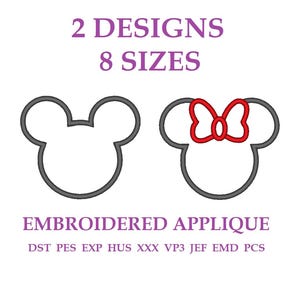 Pode incluir: Imagem com dois desenhos de apliques bordados: um contorno de cabeça de rato e uma cabeça de rato com um laço vermelho. O texto diz "2 DESIGNS 8 SIZES EMBROIDERED APPLIQUE" com formatos de arquivo. Ideal para projetos de artesanato.