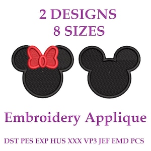Archivos de bordado “Mickey y Minnie”. Aplique bordado. Cabeza de ratón. Mickey Mouse. Diseños de bordado para niños. Archivos de bordado de dibujos animados.