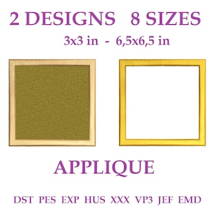 May include: Two square embroidery applique designs in 8 sizes ranging from 3x3 inches to 6.5x6.5 inches. One square is filled with a textured olive green pattern, and the other is a yellow outline. Text includes 2 DESIGNS 8 SIZES, APPLIQUE, and file formats.