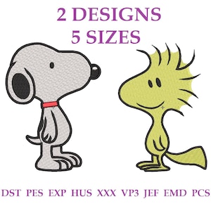 May include: An embroidery design file featuring a light gray dog with a red collar and a yellow bird with spiky feathers. The text reads 2 DESIGNS 5 SIZES at the top and DST PES EXP HUS XXX VP3 JEF EMD PCS at the bottom in purple font.