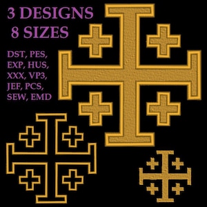 May include: Three gold-coloured Jerusalem cross designs on a black background. The image includes the text "3 DESIGNS 8 SIZES" in purple, along with file format abbreviations. The crosses vary in size and style.